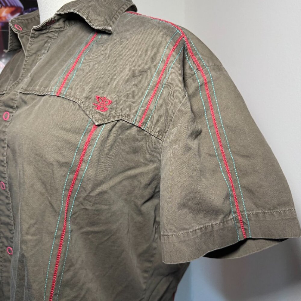 Diesel Olive Green Button-Down Shirt with Red Trim - Picture 10 of 11